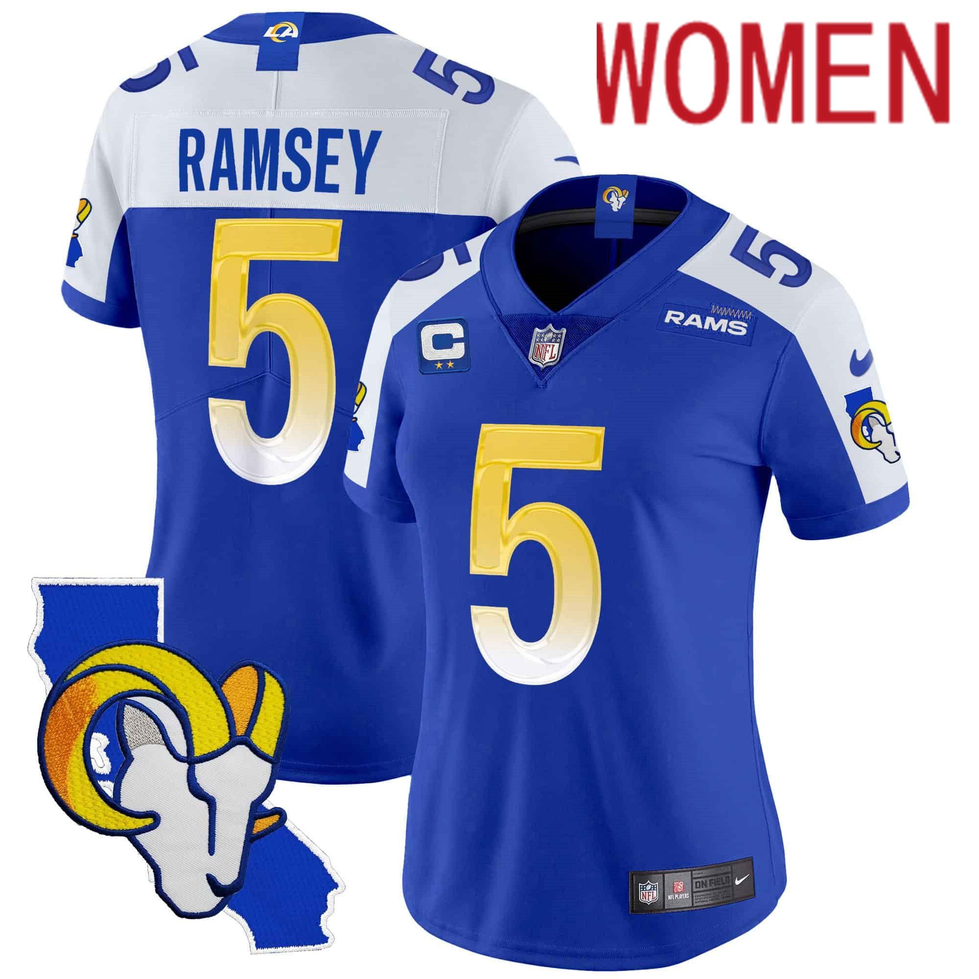Women Los Angeles Rams #5 Ramsey Blue 2024 Nike California Patch Vapor Limited NFL Jersey